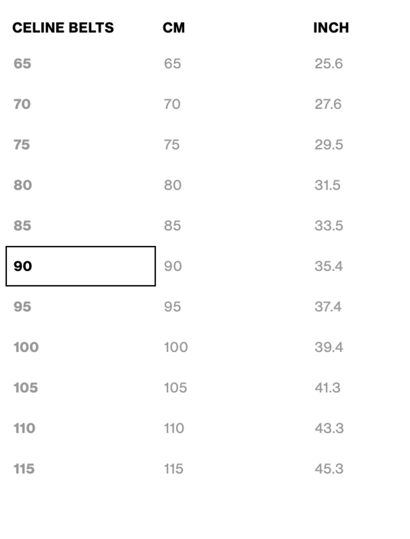 Celine hotsell belt sizes