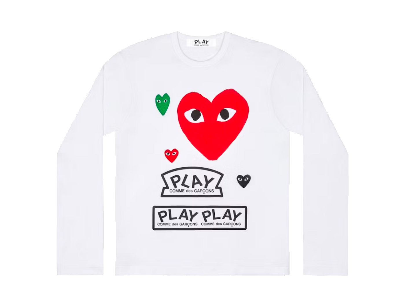 CDG Play Multi Logo Red Heart Long Sleeve T-Shirt White | Kick Avenue